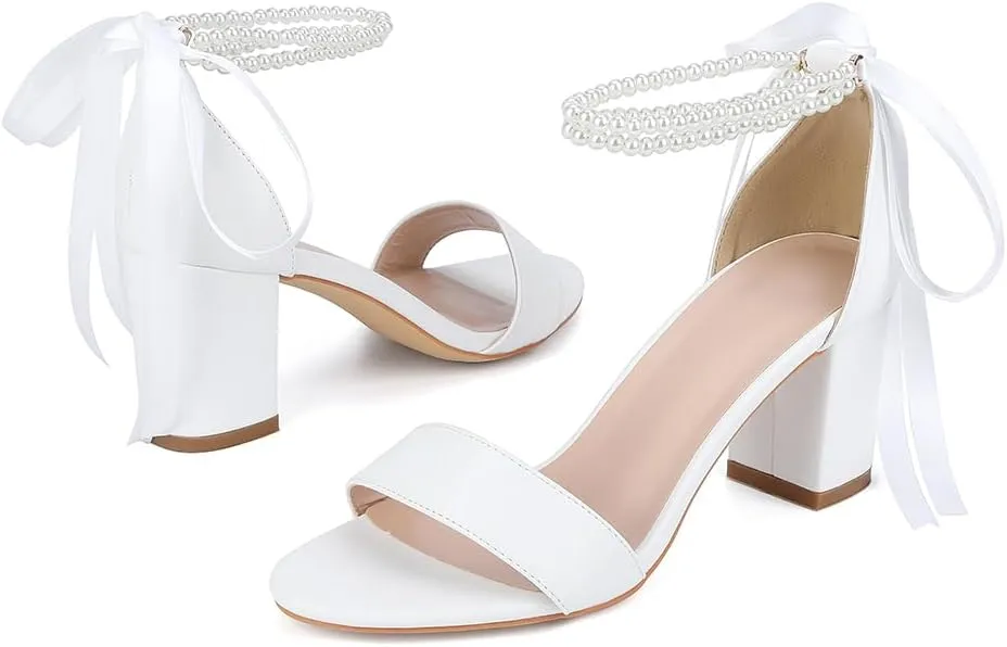 Open Toe Pearl Wedding Shoes for Bride High Heels Bridal Shoes Chunky Block Heels with Bow