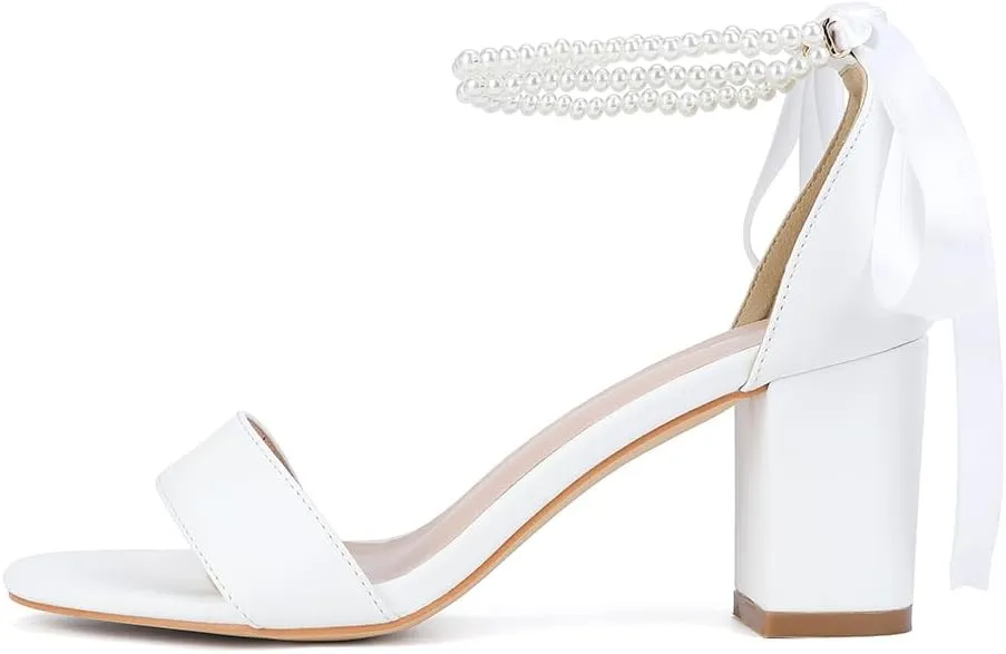 Open Toe Pearl Wedding Shoes for Bride High Heels Bridal Shoes Chunky Block Heels with Bow