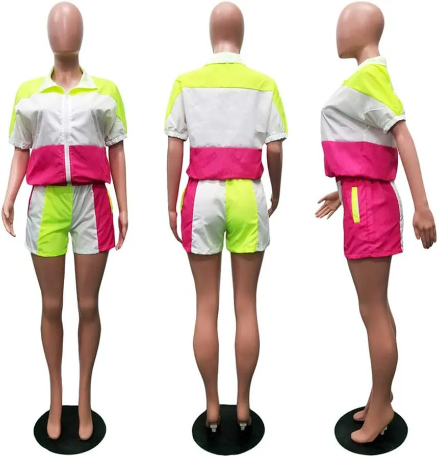 Ophestin Womens Casual 2 Piece Outfits Patchwork Half Sleeve Jacket Shorts Sets