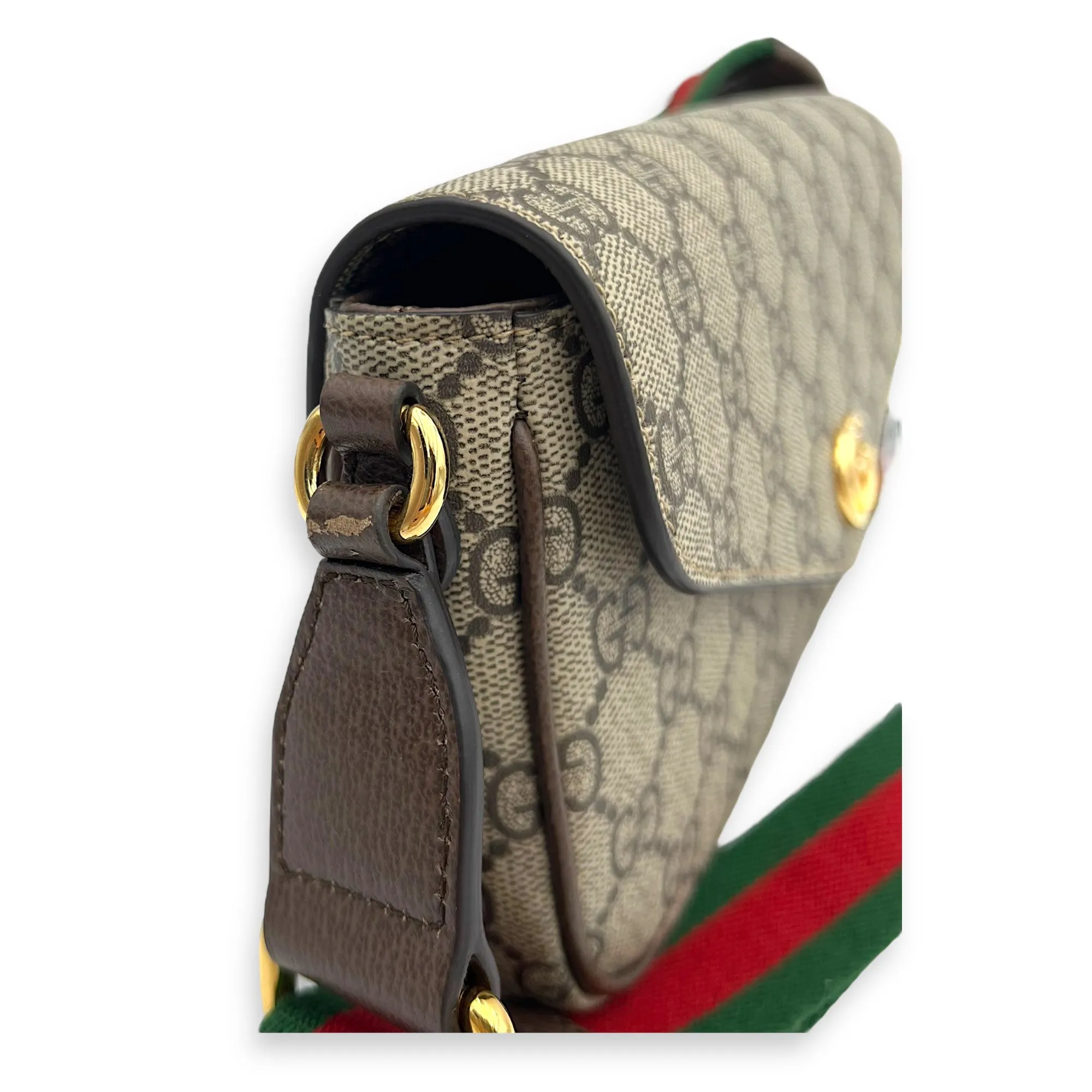 Ophidia Brown Crossbody Bag in Monogram Coated Canvas, Gold hardware