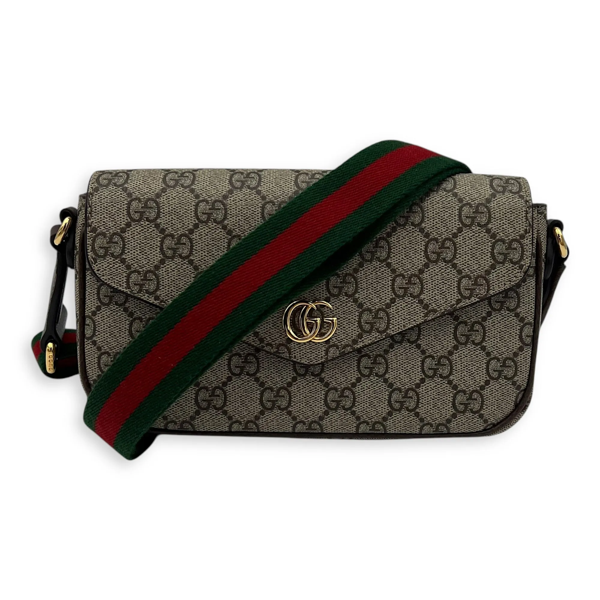 Ophidia Brown Crossbody Bag in Monogram Coated Canvas, Gold hardware