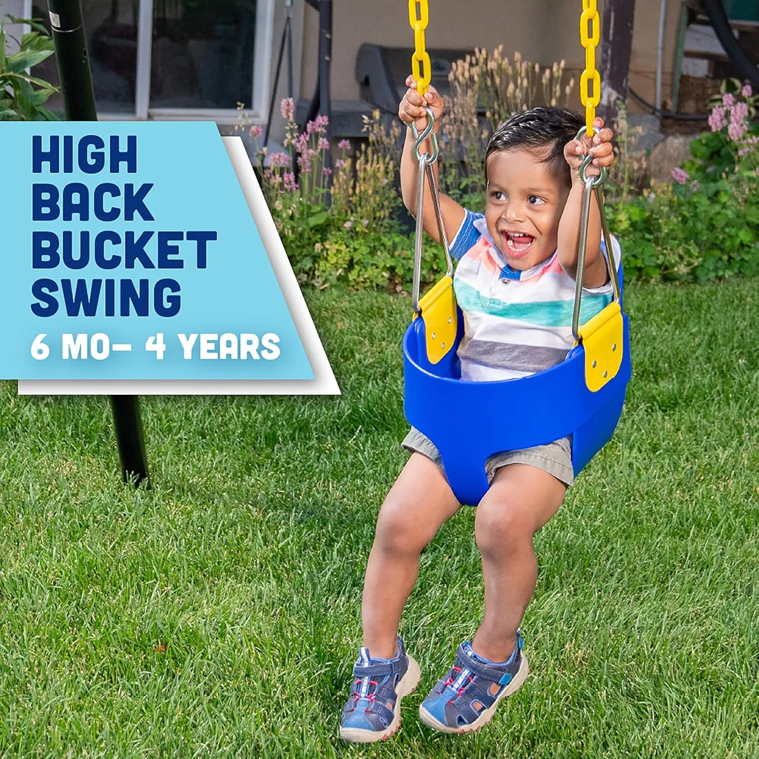Original High Back Full Bucket Toddler Swing Seat with Plastic Coated Chains for Safety - Blue - Squirrel Products