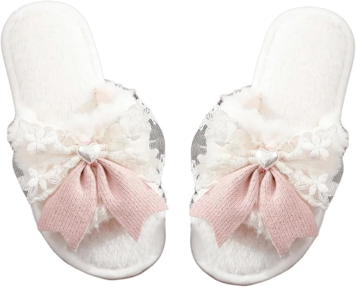 OYOANGLE Women's Bow Decor Lace Plush Slippers Furry Open Toe Cute Indoor Outdoor Slides Slippers