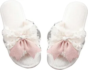 OYOANGLE Women's Bow Decor Lace Plush Slippers Furry Open Toe Cute Indoor Outdoor Slides Slippers
