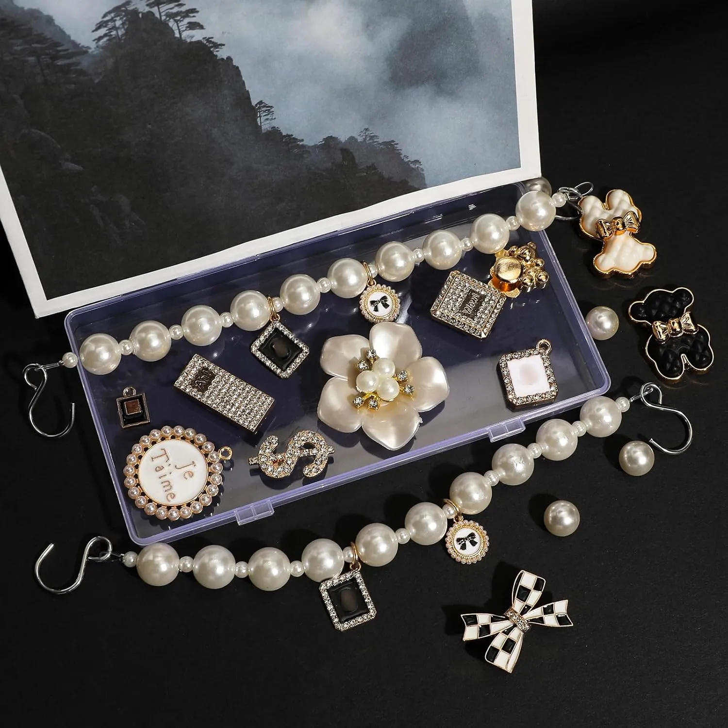 Pack of 17pcs Bling Shoe Charms for Women, Pair of Pearl Shoe Chains, 12Pcs Girly Jewelry Decoration Charms for Clog Sandals, DIY Flower Pearl Charm Accessories for Adult, Party Favors Birthday Gifts