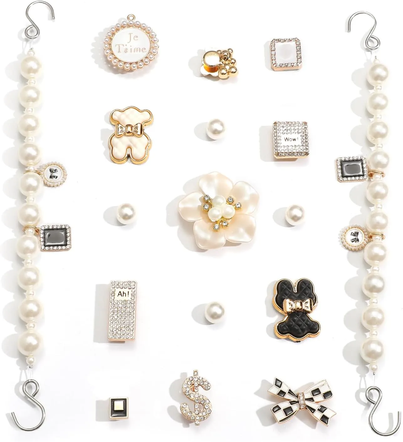 Pack of 17pcs Bling Shoe Charms for Women, Pair of Pearl Shoe Chains, 12Pcs Girly Jewelry Decoration Charms for Clog Sandals, DIY Flower Pearl Charm Accessories for Adult, Party Favors Birthday Gifts