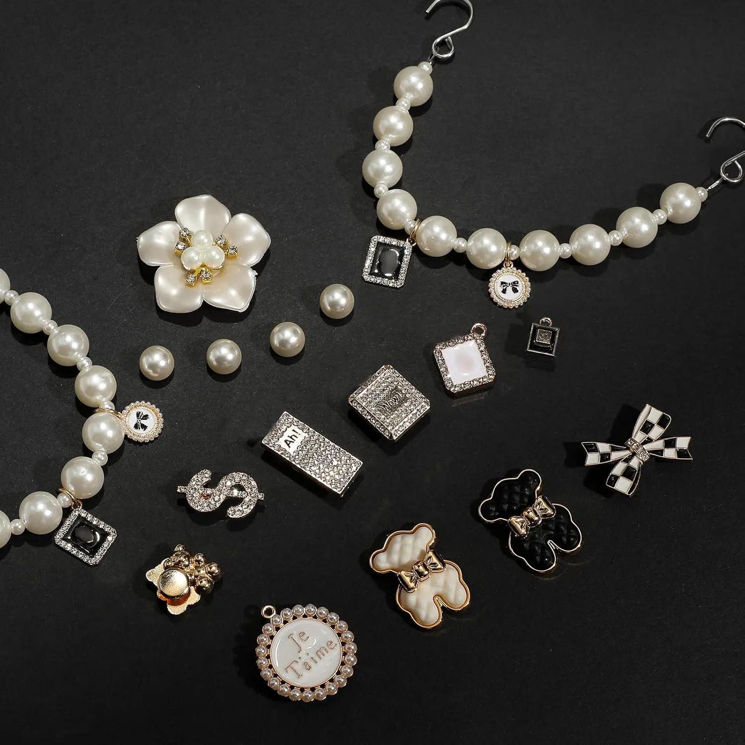 Pack of 17pcs Bling Shoe Charms for Women, Pair of Pearl Shoe Chains, 12Pcs Girly Jewelry Decoration Charms for Clog Sandals, DIY Flower Pearl Charm Accessories for Adult, Party Favors Birthday Gifts