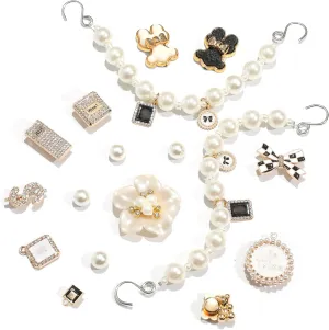 Pack of 17pcs Bling Shoe Charms for Women, Pair of Pearl Shoe Chains, 12Pcs Girly Jewelry Decoration Charms for Clog Sandals, DIY Flower Pearl Charm Accessories for Adult, Party Favors Birthday Gifts