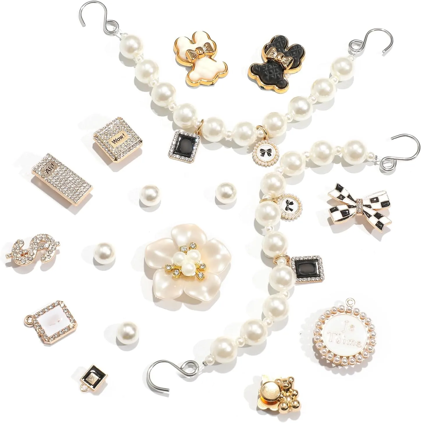 Pack of 17pcs Bling Shoe Charms for Women, Pair of Pearl Shoe Chains, 12Pcs Girly Jewelry Decoration Charms for Clog Sandals, DIY Flower Pearl Charm Accessories for Adult, Party Favors Birthday Gifts