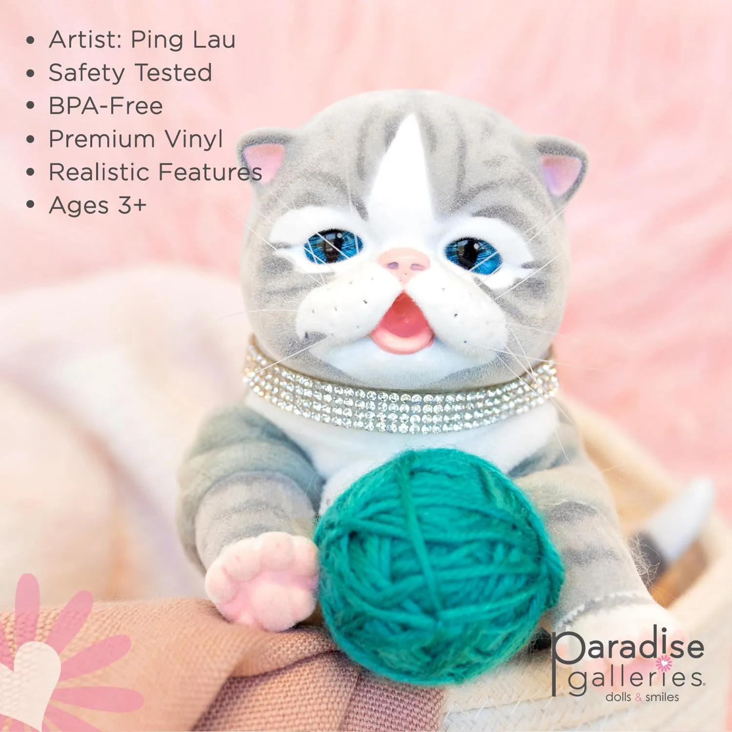 Paradise Galleries Fur-Ever Babies Ping Lau Sculptor Designer Doll Collection 9 Inch Stuffed Animal with Teal Yarn Ball Special Birthday Gift Ages 3 and up - Tabby Kitten