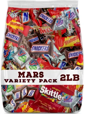 Party-Perfect Mars Candy Variety Pack - 100pcs. of Skittles, Starburst, Twix, 3Musketeers and Snickers Minis - Individually Wrapped Bulk Assortment (2 Pounds)