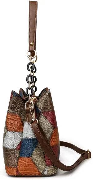 Patchwork Leather Hobo Shoulder Bag, Geometric Pattern, Multi-Color with Chain Strap, Brown Handle