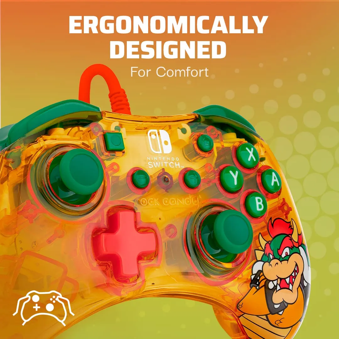 PDP Gaming Rock Candy Wired Power Nintendo Switch Pro Controller, Officially Licensed Lite/OLED Compatible Gamepad, Super Mario Brothers - Lemon Bomb Bowser (Orange/Green)
