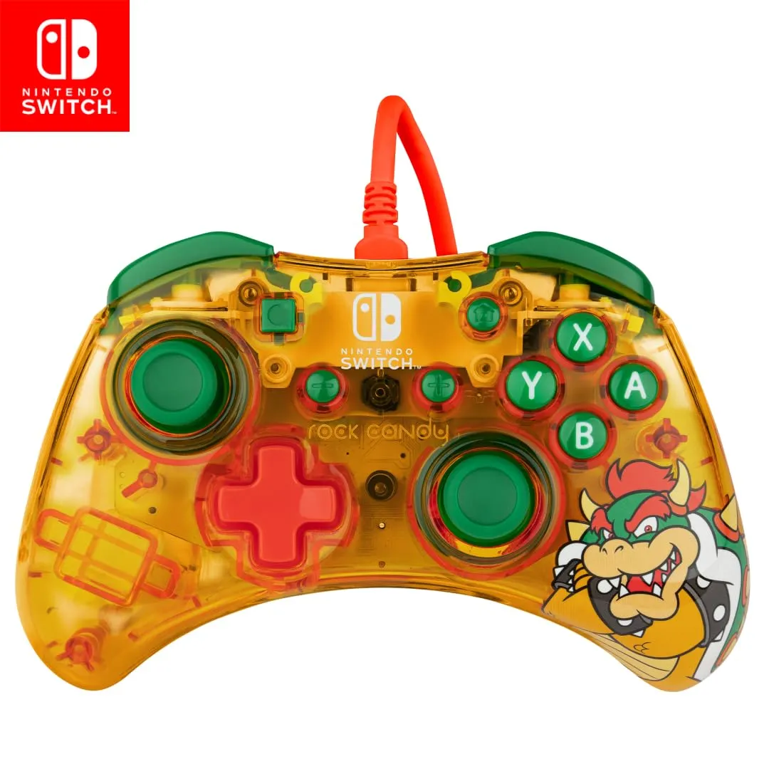 PDP Gaming Rock Candy Wired Power Nintendo Switch Pro Controller, Officially Licensed Lite/OLED Compatible Gamepad, Super Mario Brothers - Lemon Bomb Bowser (Orange/Green)