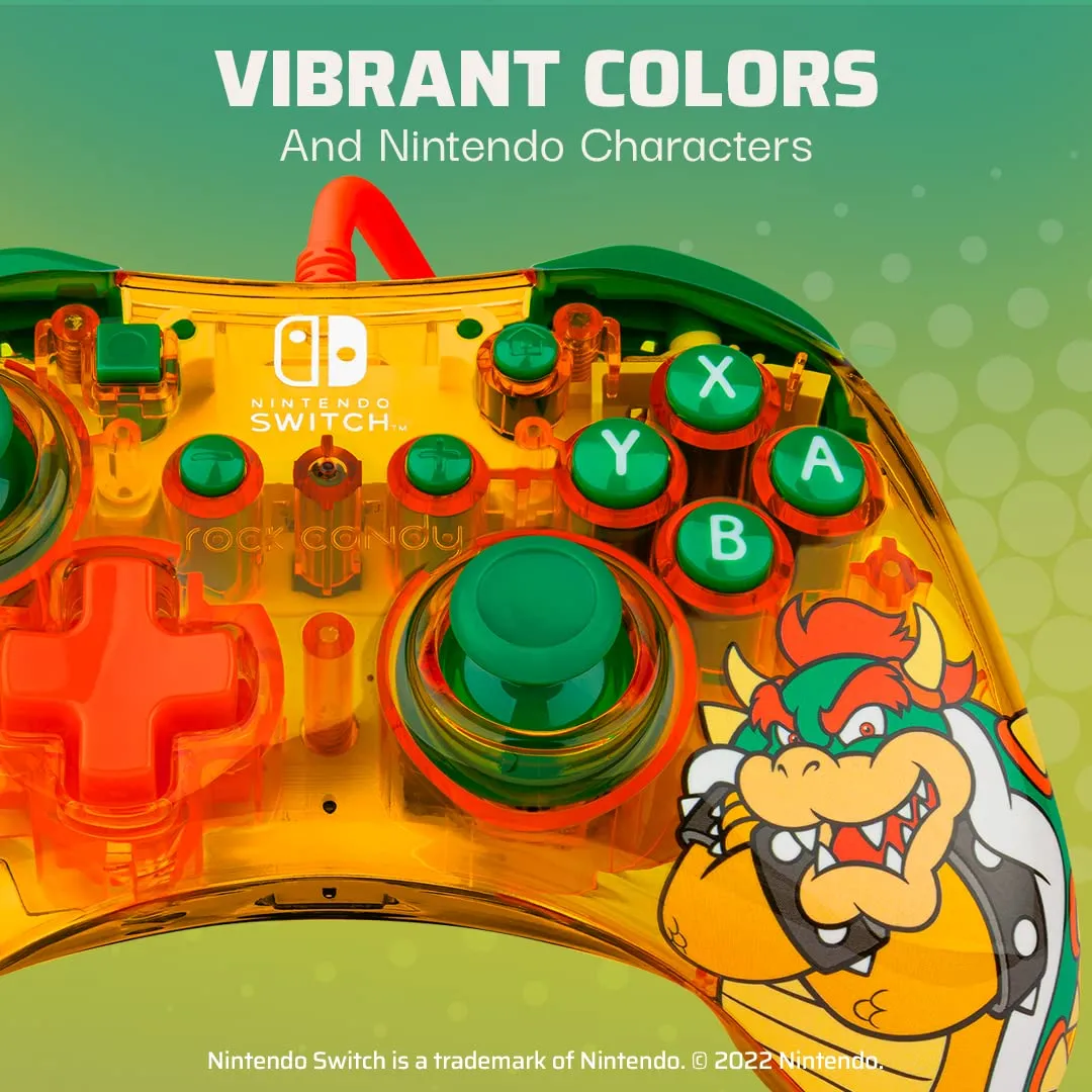 PDP Gaming Rock Candy Wired Power Nintendo Switch Pro Controller, Officially Licensed Lite/OLED Compatible Gamepad, Super Mario Brothers - Lemon Bomb Bowser (Orange/Green)