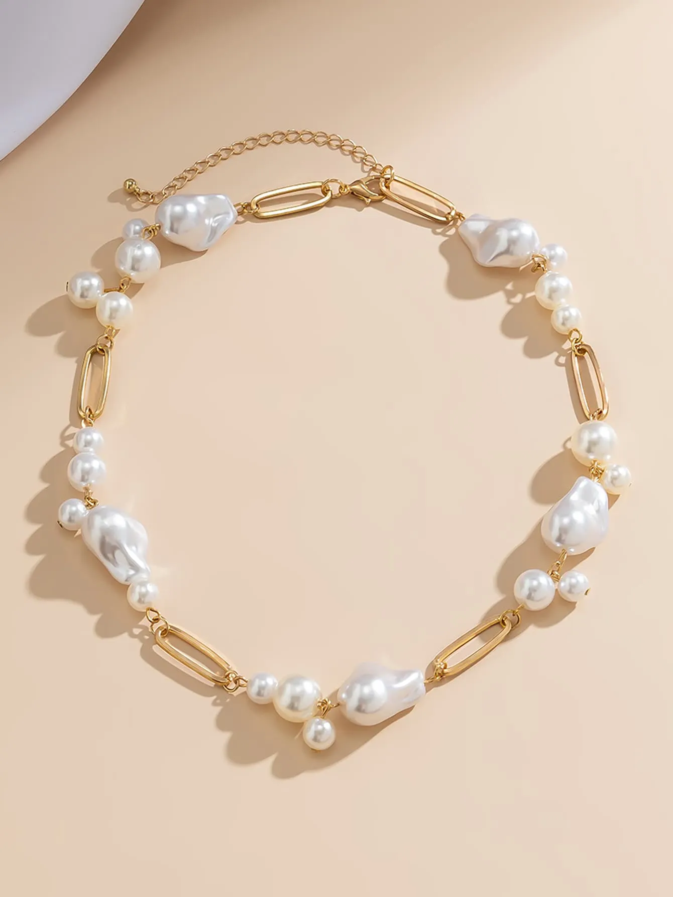 Pearl Bead Paperclip Chain Gold Necklace