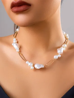 Pearl Bead Paperclip Chain Gold Necklace
