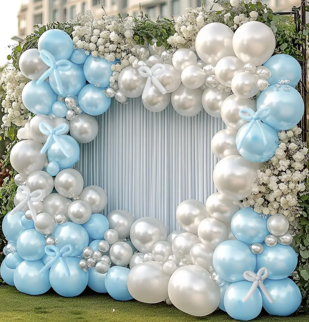 Pearl Blue Balloon Double Stuffed Light Baby Blue Balloons Garland Pearl Arch Kit Long Balloons Different Size for Birthday Wedding Baby Shower Anniversary Decoration