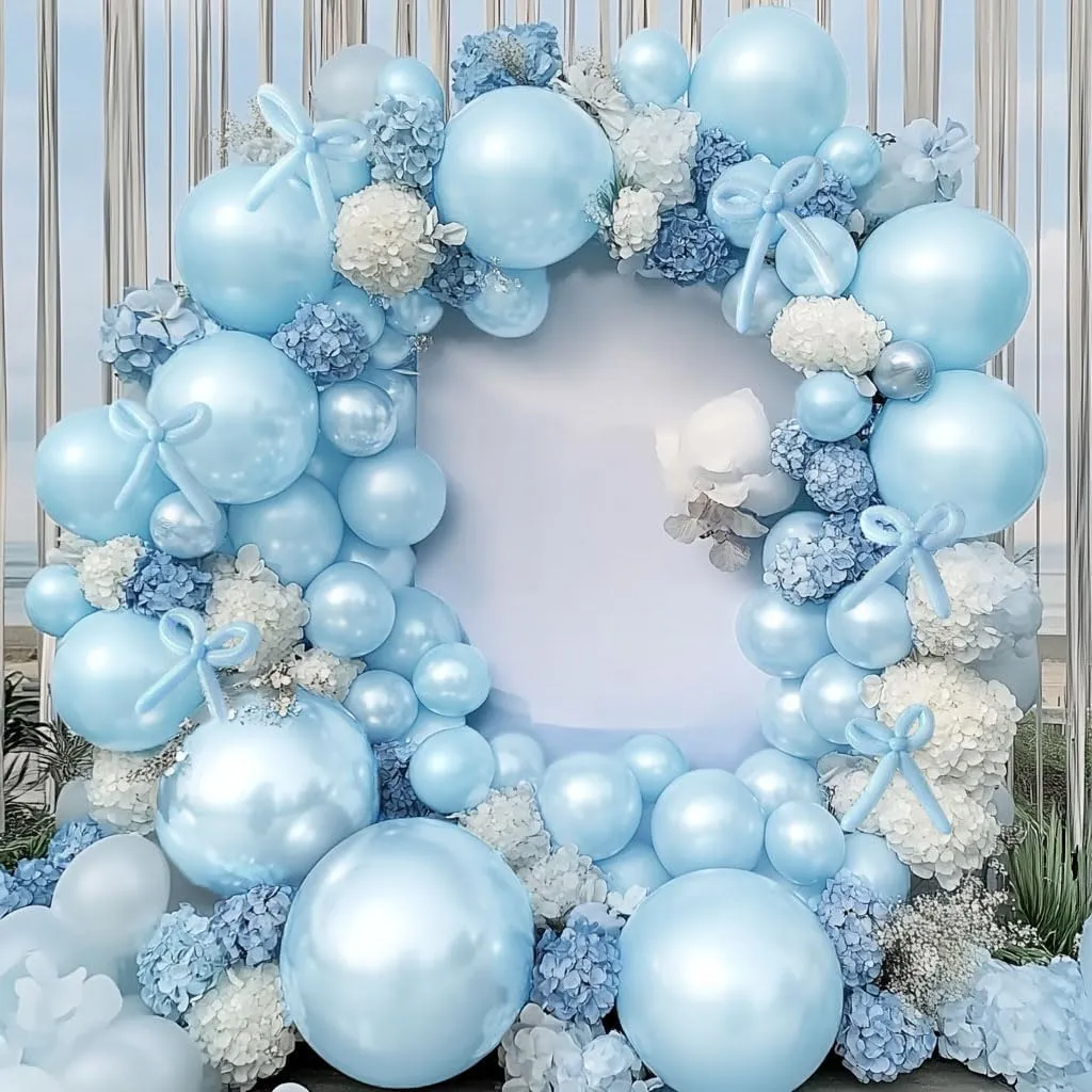 Pearl Blue Balloon Double Stuffed Light Baby Blue Balloons Garland Pearl Arch Kit Long Balloons Different Size for Birthday Wedding Baby Shower Anniversary Decoration