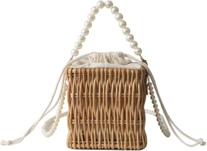 Pearl Crossbody Bucket Handbag Handwoven Mini Straw Basket Vintage Beach Bag Satchel Style Travel Vacation Daily Use