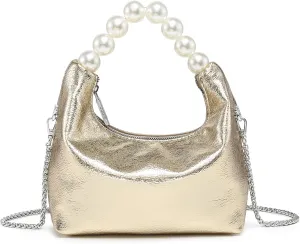 Pearl Handle Evening Clutch Purse for Women - Stylish Small Top Handle Handbags with Detachable Chain Strap for Wedding Party