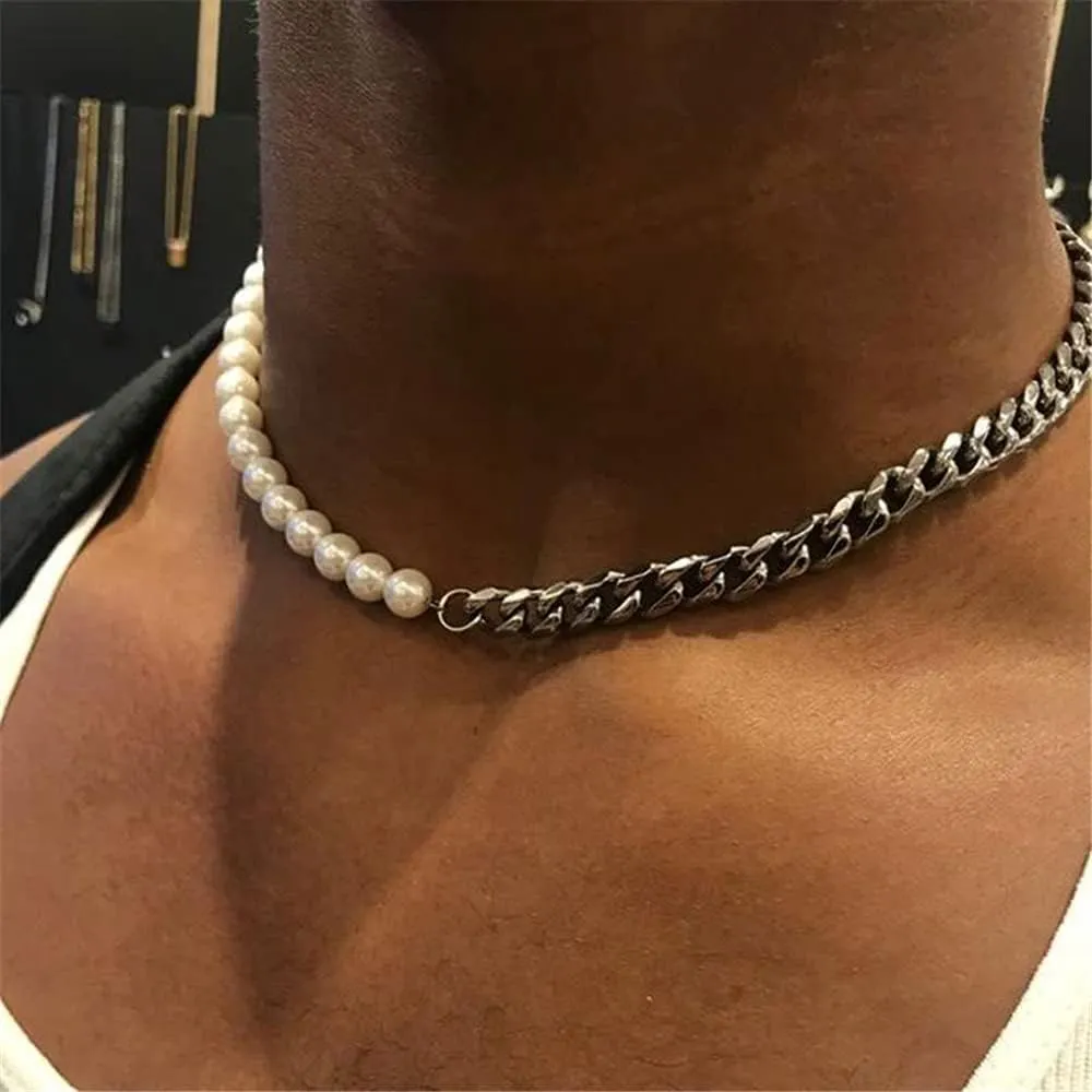 Pearl Necklace Men Half Pearl Half Chain Necklace 18k Gold Stainless Steel Cuban Link Neckalce for Men