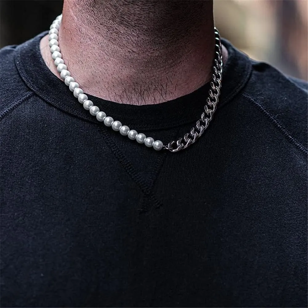 Pearl Necklace Men Half Pearl Half Chain Necklace 18k Gold Stainless Steel Cuban Link Neckalce for Men