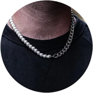 Pearl Necklace Men Half Pearl Half Chain Necklace 18k Gold Stainless Steel Cuban Link Neckalce for Men