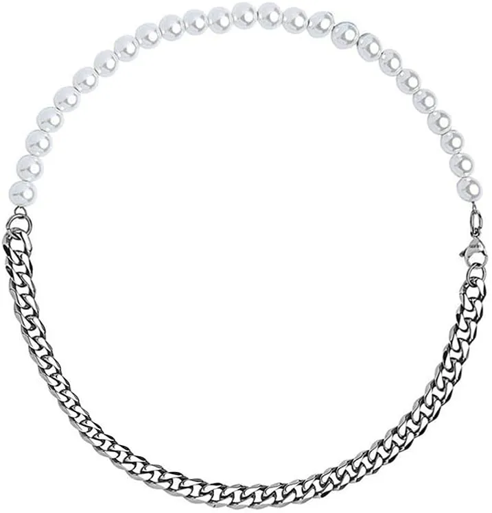 Pearl Necklace Men Half Pearl Half Chain Necklace 18k Gold Stainless Steel Cuban Link Neckalce for Men
