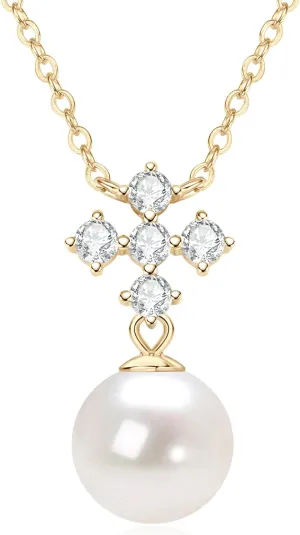 Pearl Necklaces for Women, Sterling Silver Freshwater White Pearl Pendant Necklace with Moissanite Pearl Jewelry Gifts for Wife Mom