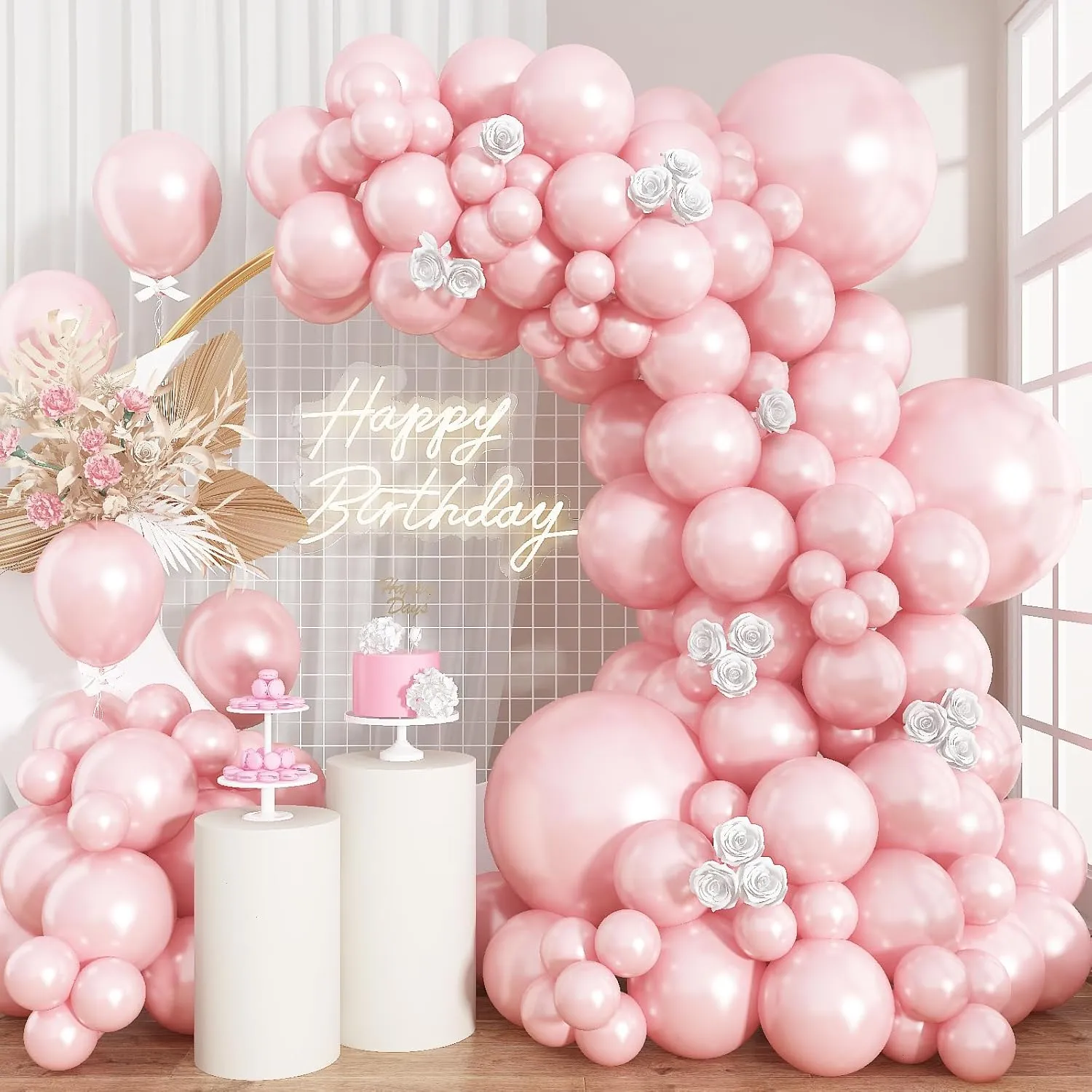 Pearl Pink Balloons Arch Double-Stuffed Baby Light Pink Balloons Garland Thick Balloons Different Sizes 18/12/10/5inch 61pcs Balloon for Wedding Valentines Day Birthday Decor