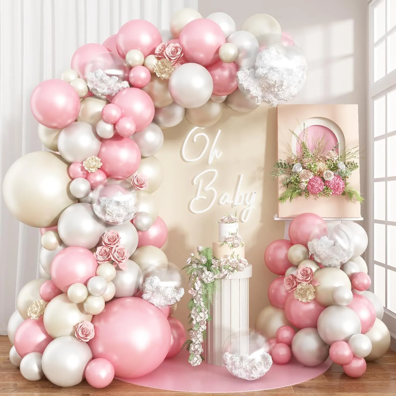 Pearl Pink Balloons Arch Double-Stuffed Baby Light Pink Balloons Garland Thick Balloons Different Sizes 18/12/10/5inch 61pcs Balloon for Wedding Valentines Day Birthday Decor