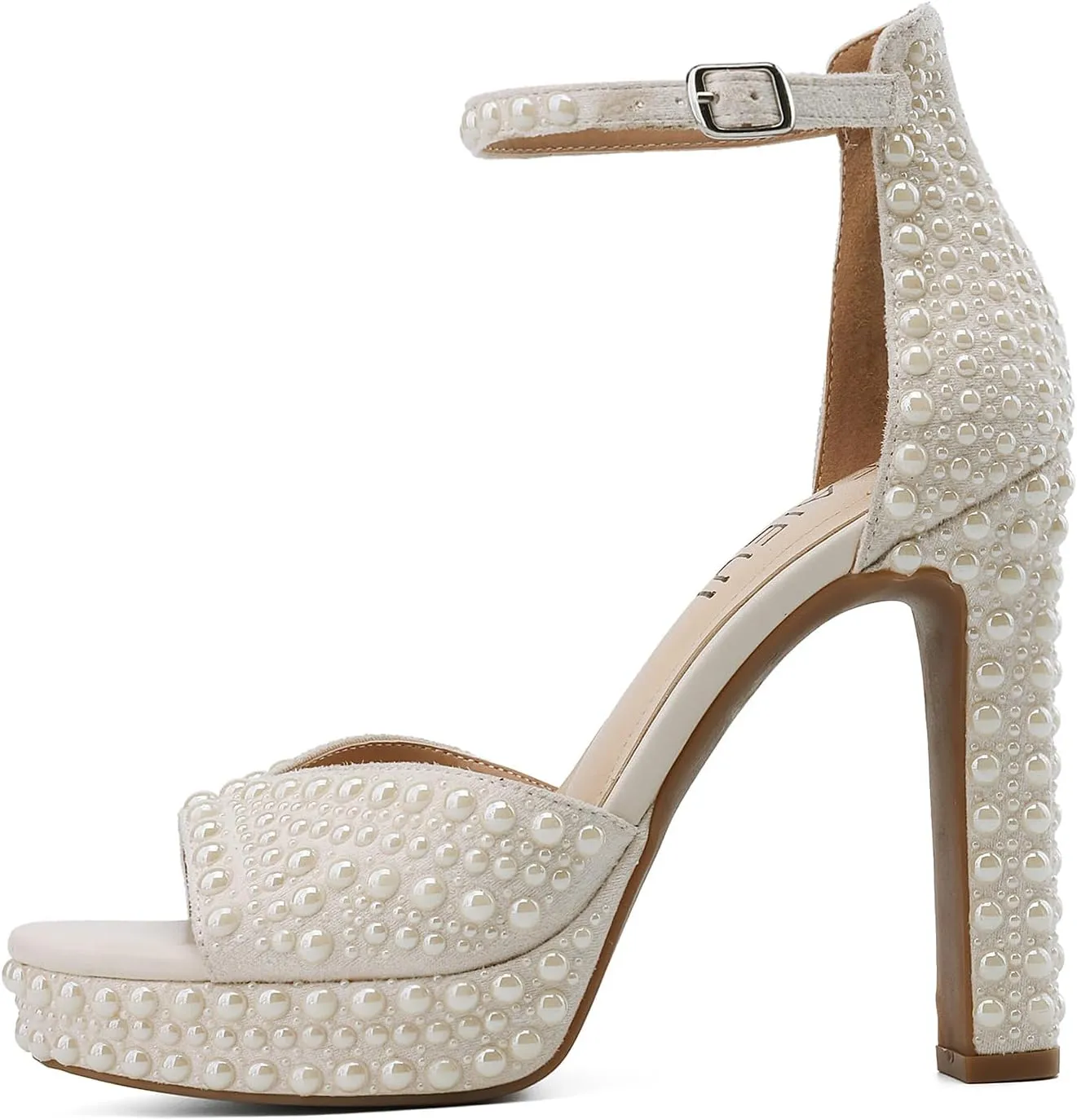 Pearl Rhinestone Heels Platform Block Sandals for Women Wedding Sandals for Bride Chunky Heels Bridal Shoes with Ankle Strap