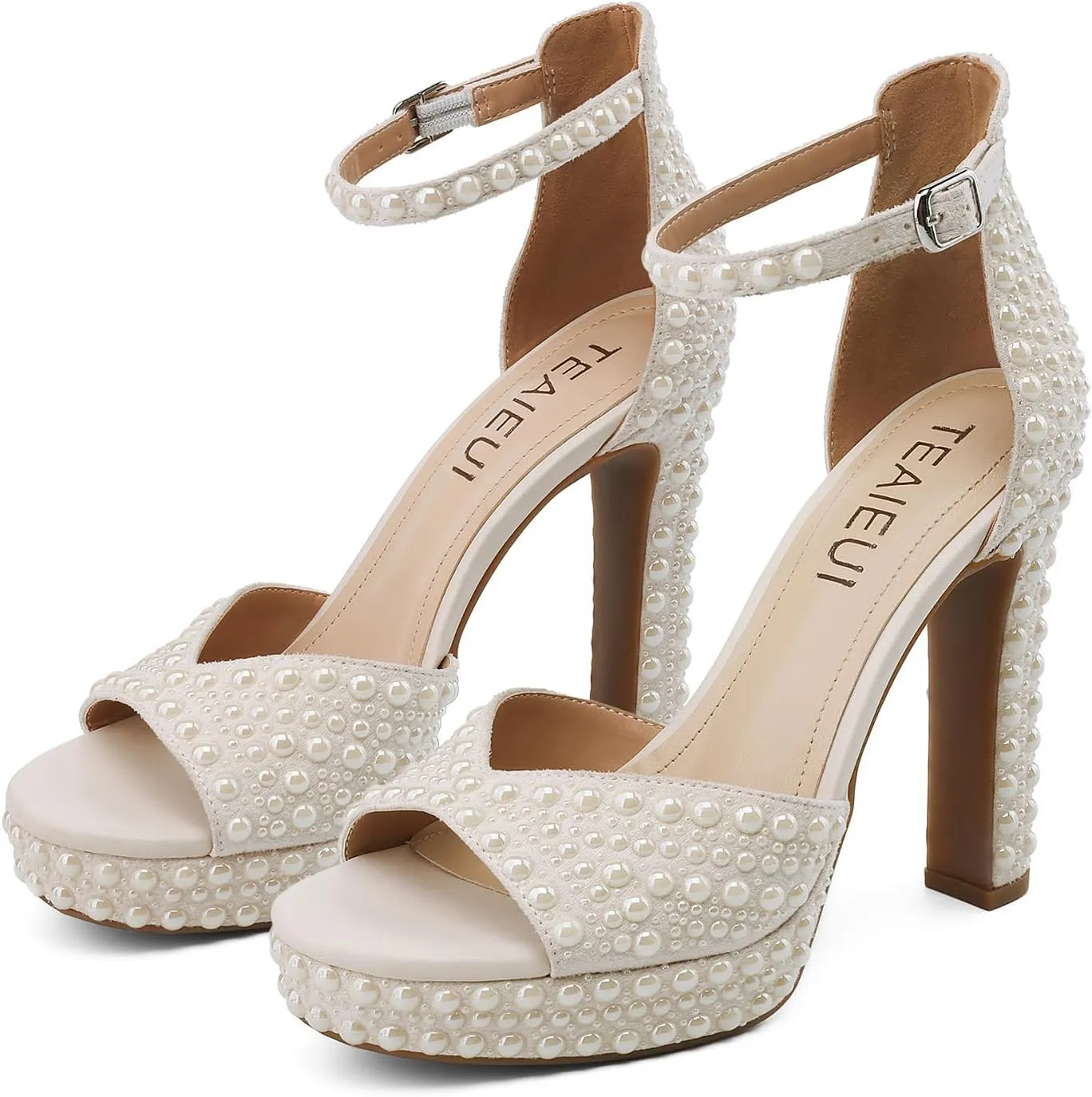 Pearl Rhinestone Heels Platform Block Sandals for Women Wedding Sandals for Bride Chunky Heels Bridal Shoes with Ankle Strap