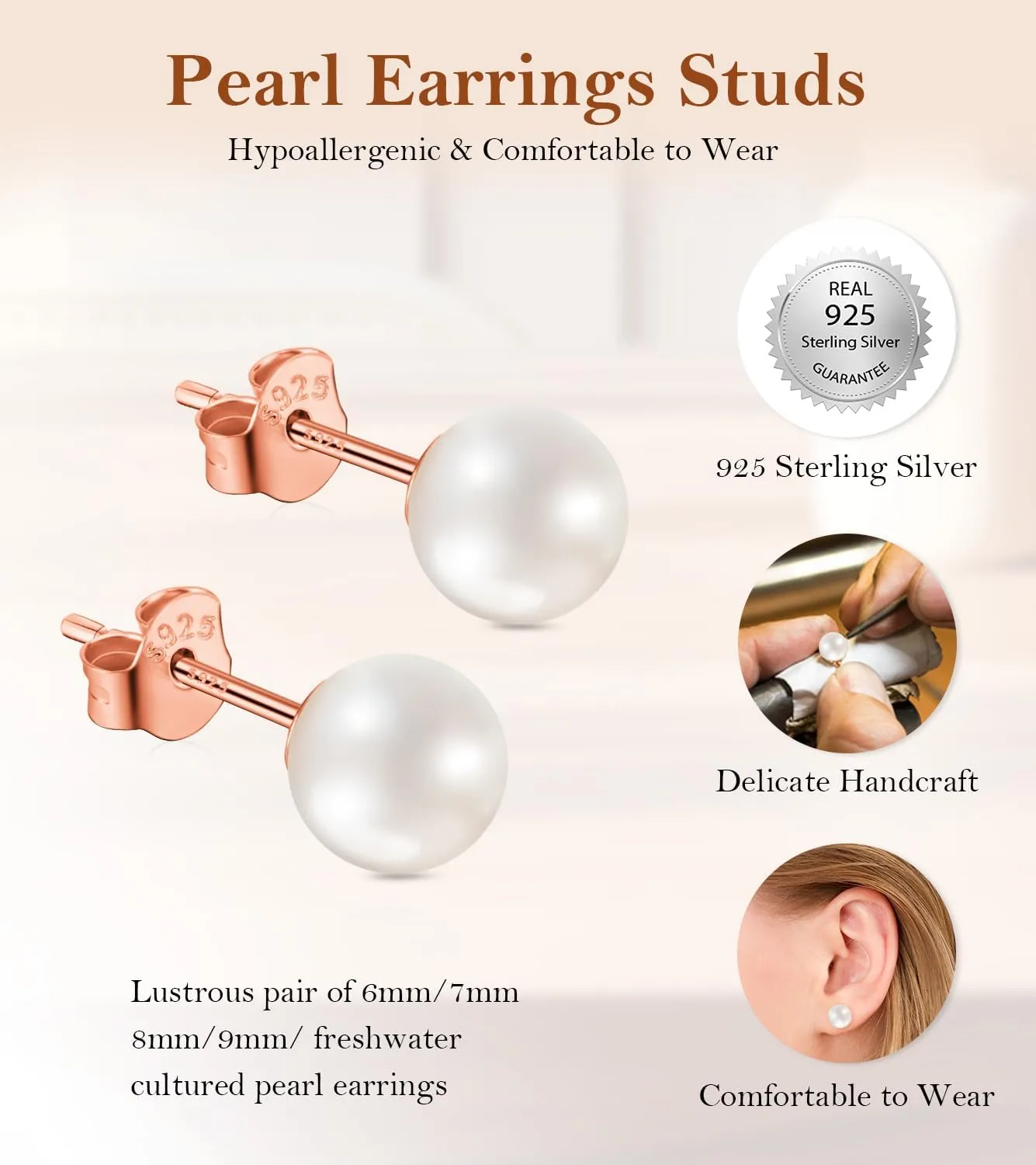 Pearl Stud Earrings for Women, Handpicked Freshwater Pearl Hypoallergenic Gold Vermail Sterling Silver Earring Studs