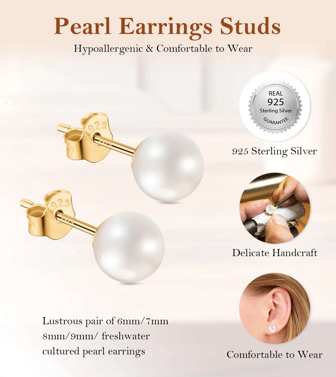 Pearl Stud Earrings for Women, Handpicked Freshwater Pearl Hypoallergenic Gold Vermail Sterling Silver Earring Studs