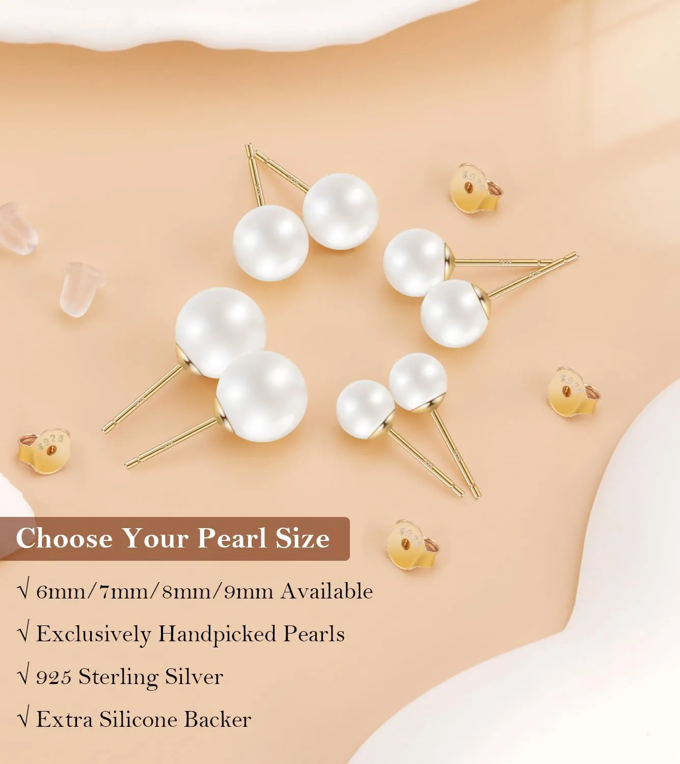 Pearl Stud Earrings for Women, Handpicked Freshwater Pearl Hypoallergenic Gold Vermail Sterling Silver Earring Studs