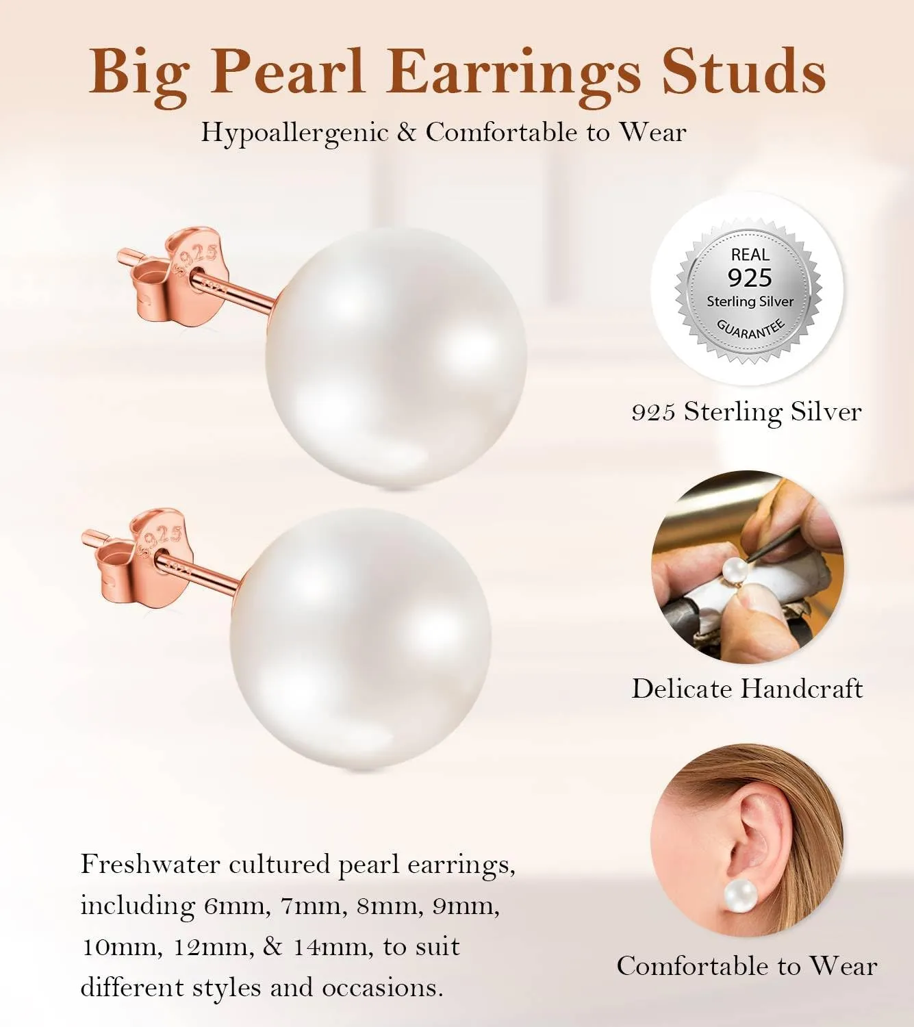 Pearl Stud Earrings for Women, Handpicked Freshwater Pearl Hypoallergenic Gold Vermail Sterling Silver Earring Studs