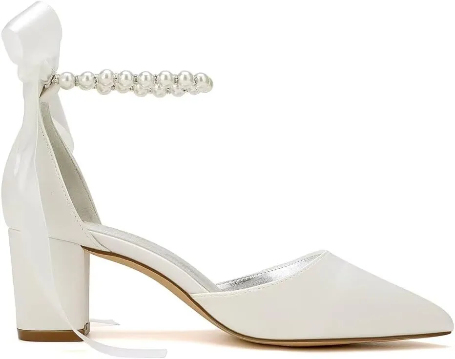 Pearl Wedding Shoes for Bride Block Heel Bridal Shoes Pointed Toe Wedding Heels Low