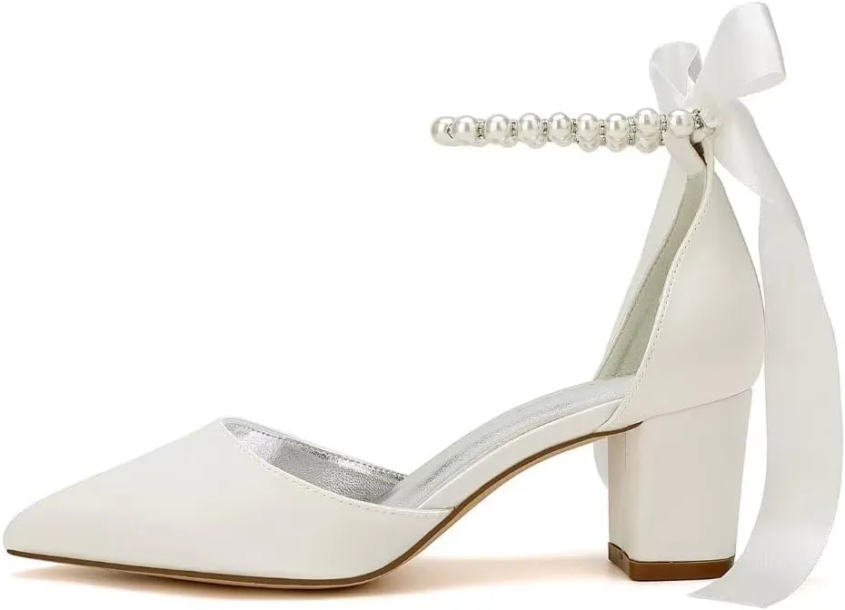 Pearl Wedding Shoes for Bride Block Heel Bridal Shoes Pointed Toe Wedding Heels Low