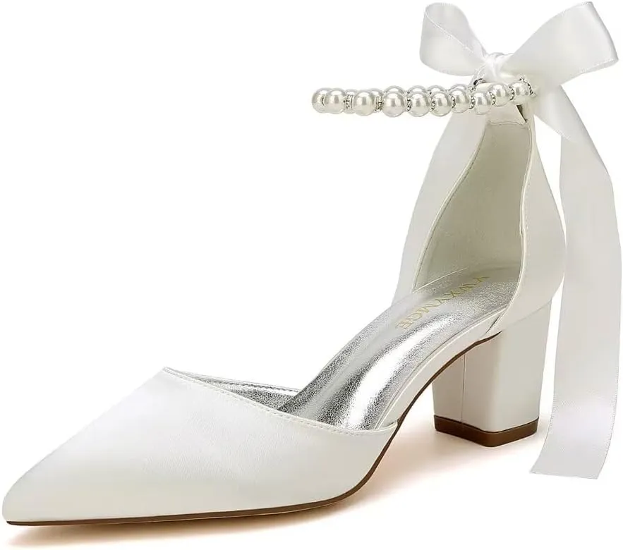 Pearl Wedding Shoes for Bride Block Heel Bridal Shoes Pointed Toe Wedding Heels Low