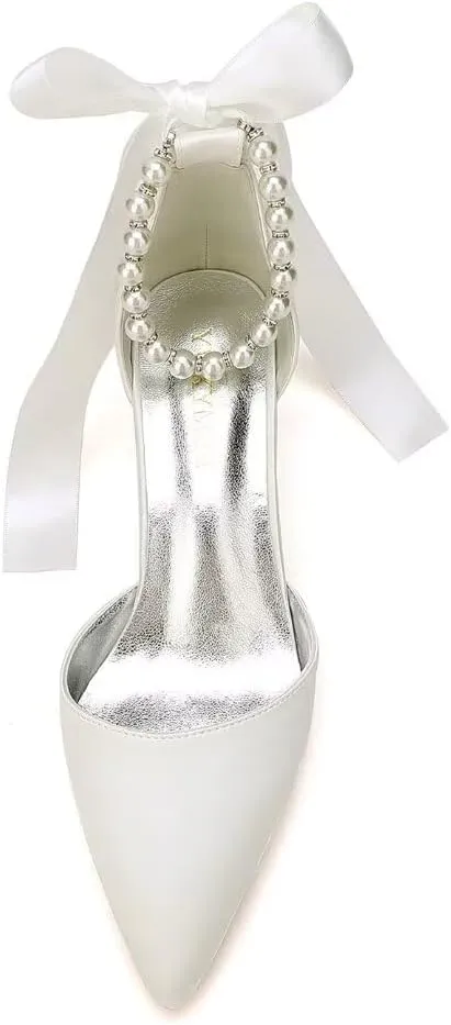 Pearl Wedding Shoes for Bride Block Heel Bridal Shoes Pointed Toe Wedding Heels Low