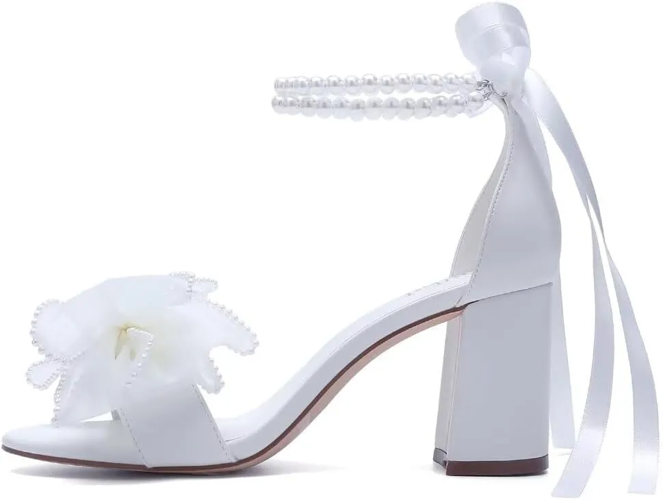 Pearl Wedding Shoes for Bride Block Heel Wedding Sandals Open Toe Bridal Shoes Bow Knot Heeled Sandals