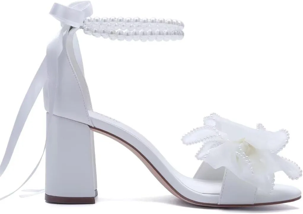 Pearl Wedding Shoes for Bride Block Heel Wedding Sandals Open Toe Bridal Shoes Bow Knot Heeled Sandals