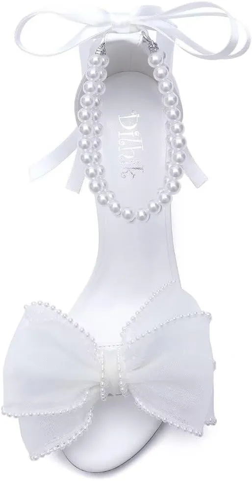 Pearl Wedding Shoes for Bride Block Heel Wedding Sandals Open Toe Bridal Shoes Bow Knot Heeled Sandals
