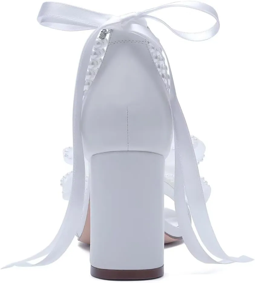 Pearl Wedding Shoes for Bride Block Heel Wedding Sandals Open Toe Bridal Shoes Bow Knot Heeled Sandals