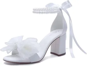 Pearl Wedding Shoes for Bride Block Heel Wedding Sandals Open Toe Bridal Shoes Bow Knot Heeled Sandals