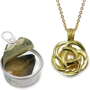 Pearlina Rose Flower Gold Plated Cage Necklace Cultured Pearl in Oyster Set w/Stainless Steel Chain 18"