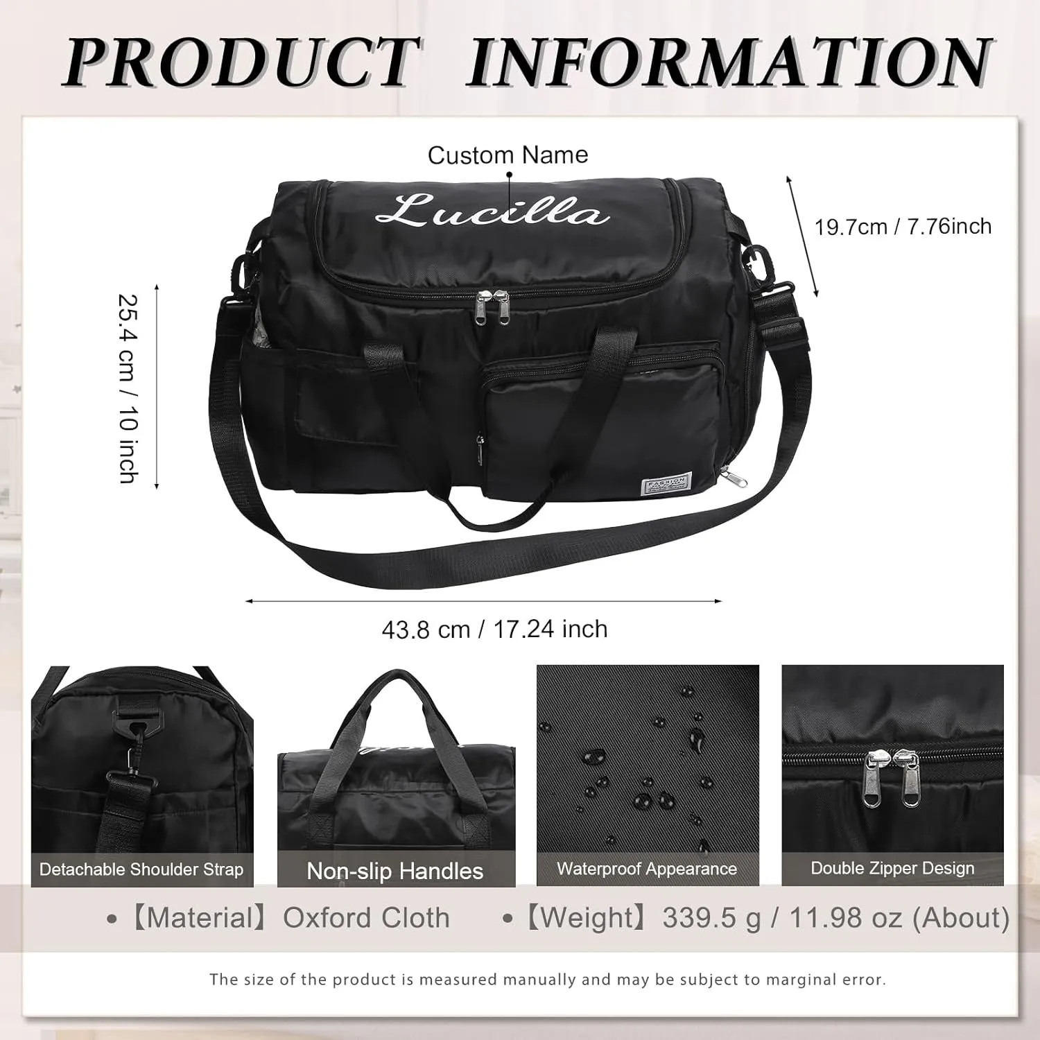 Personalized Duffel Bag | Custom Name Gym Bag with Shoes Pockets, Oxford Cloth Sports Bag Weekender Overnight Traveling Bag for Women Men(Black)
