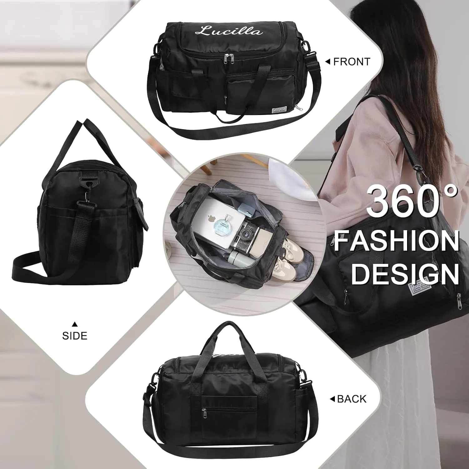 Personalized Duffel Bag | Custom Name Gym Bag with Shoes Pockets, Oxford Cloth Sports Bag Weekender Overnight Traveling Bag for Women Men(Black)